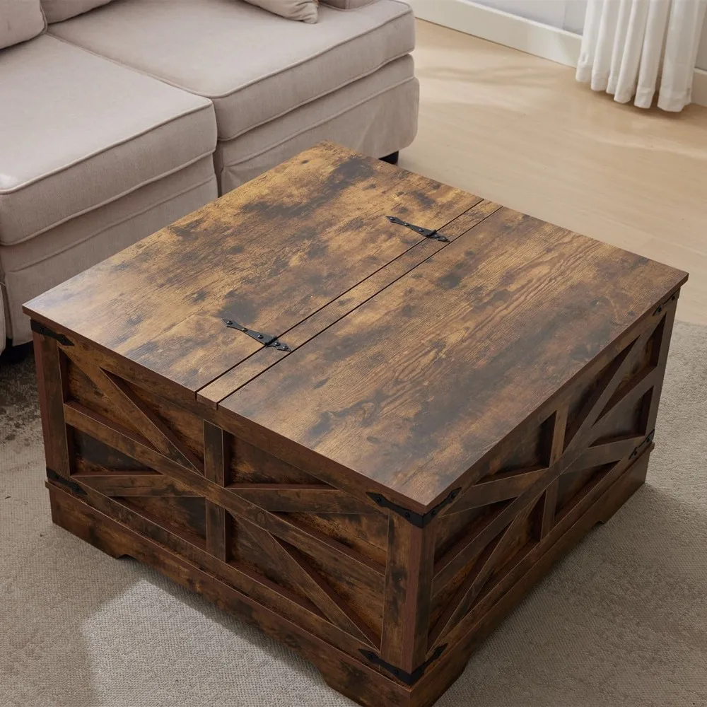 طاولة قهوة المزرعة مع مساحة تخزين مخفية كبيرة، طاولة مركزية خشبية مربعة ريفية مع سطح رفع مفصلي، حواف معدنية، بني