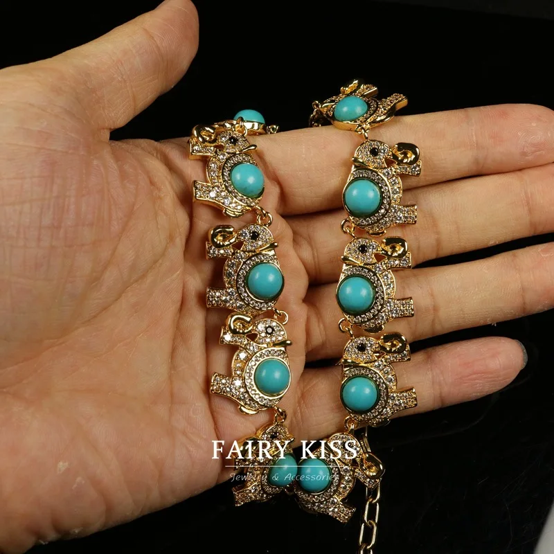 Medieval necklace stud earring turquoise copper wax inlaid  zircon creative elephant jewelry