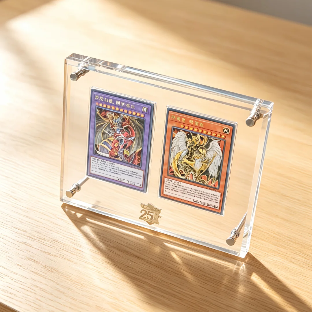 2-Slot 25th Anniversary Yu Gi Oh Clear Card Brick Display Stand Blue-Eyes White Dragon Dark Magician No Card