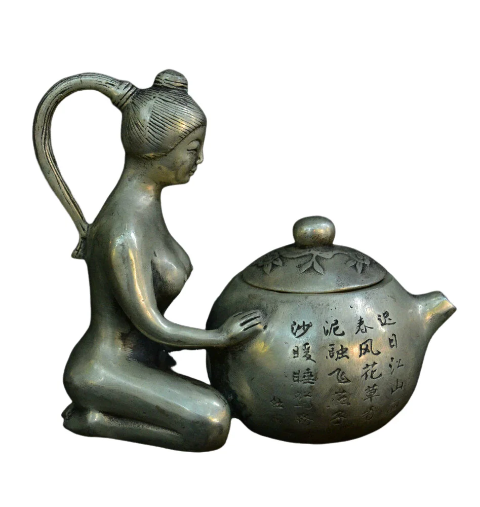 

6" Chinese Anceint Rare Silver Beautiful Woman Wine Tea Pot Flagon Teapot Stoup