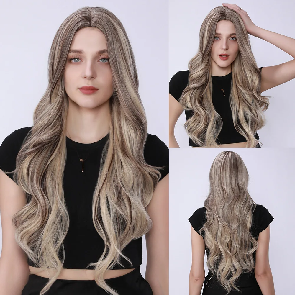 

European and American wig women's 28inch medium-divided large wavy long curly hair brown-gold synthetic wig cover