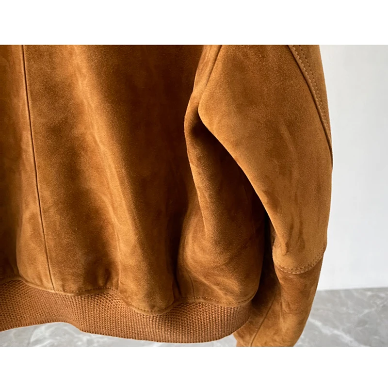 Giacca da baseball corta da donna in vera pelle al 100% Cappotti monopetto in pelle scamosciata Giacca in pelle di capra scamosciata importata di lusso