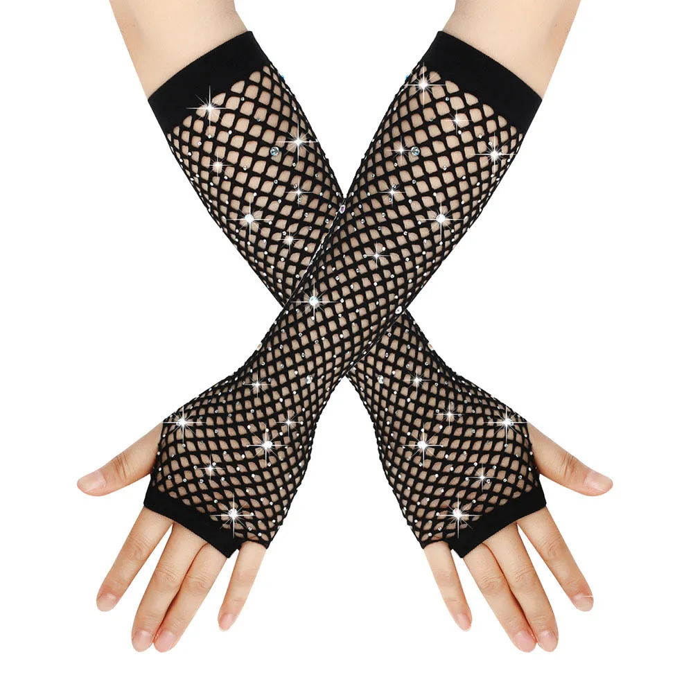 Shiny Rhinestone Fishnet Fingerless Long Gloves Leg Arm Cuff Women Party Wear Fancy Glove Sexy Girls Punk Goth Dance Mesh Gloves