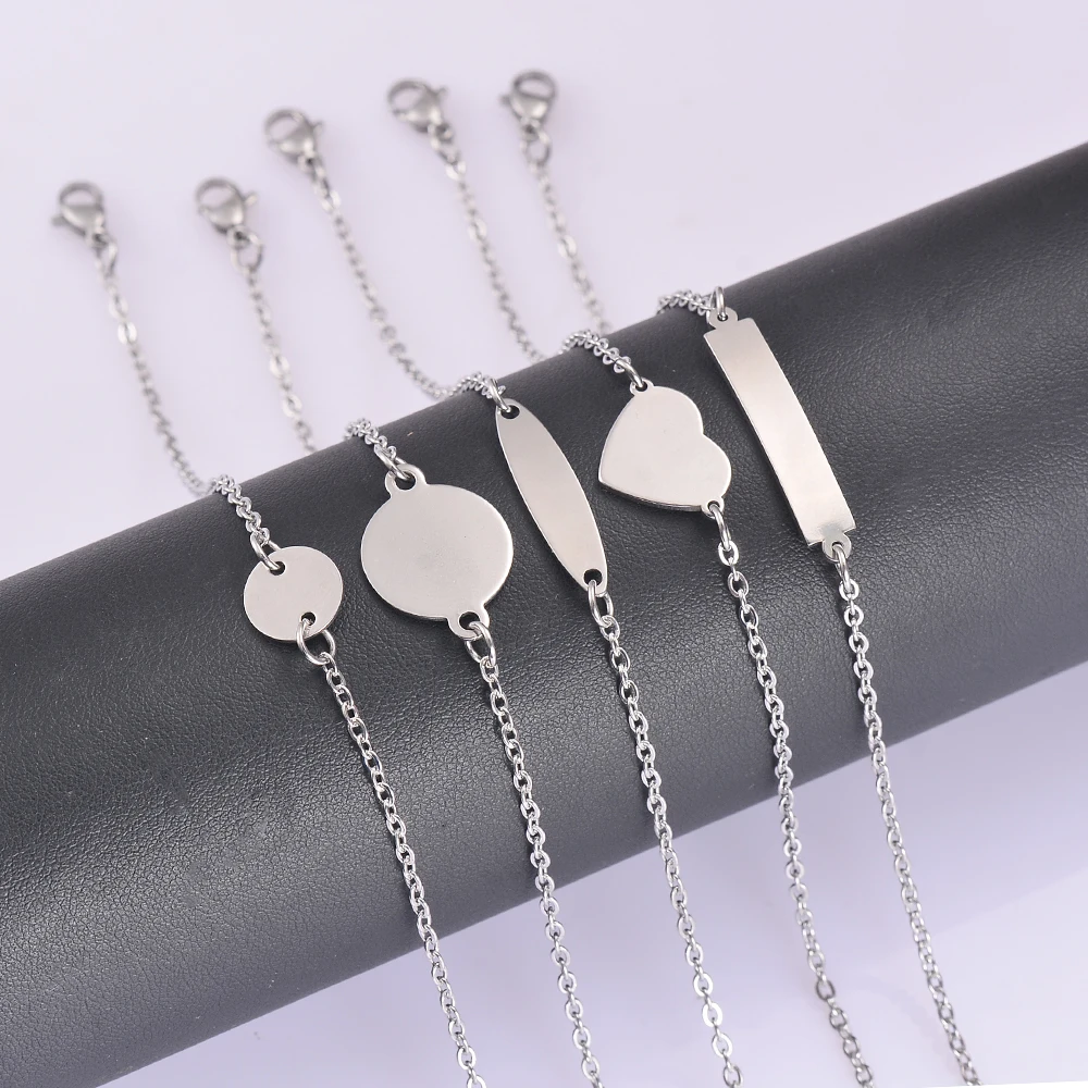 Simple Customize Name Date Child Woman Boy Bracelet Stainless Steel Round Heart Adjustable Link Chain Personalized Jewelry