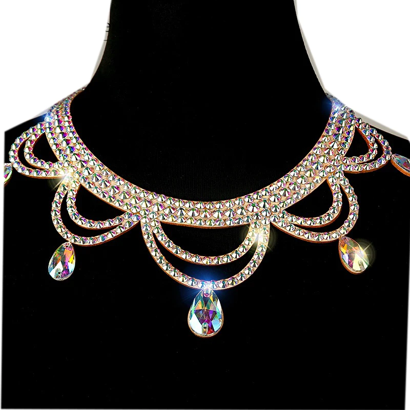 Collar de danza del vientre para mujer adulta, cadena de diamantes de imitación, accesorios de competición de rendimiento profesional, escenario de alta gama, joyería de baile