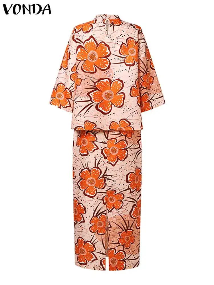 Plus Size 5XL VONDA Women Floral Printed Dress set 2024 autunno Bohemian Flare Sleeve Suits Stand Collar gonna set 2 pezzi