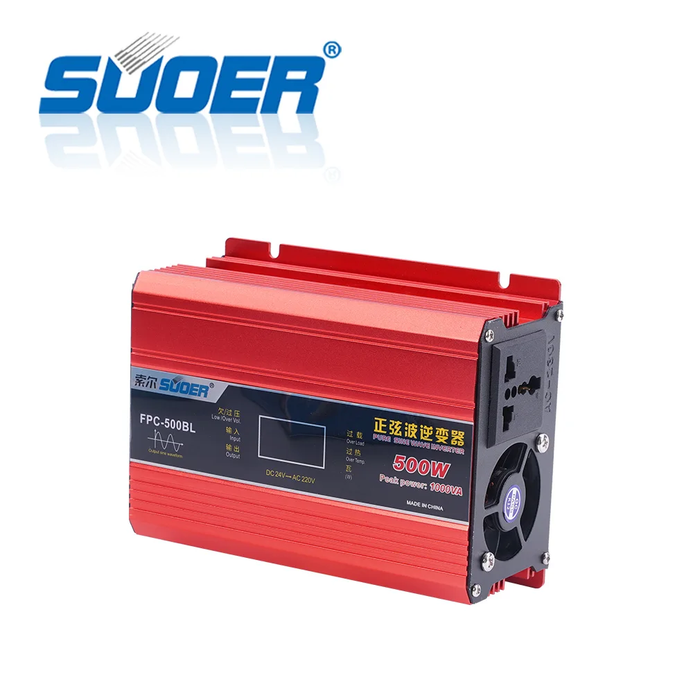 Suoer 【 Pure Sine Wave Inverter 】Pure Sine Wave Solar DC AC 24V 220V 500W Off Grid Inverter (FPC-500BL)