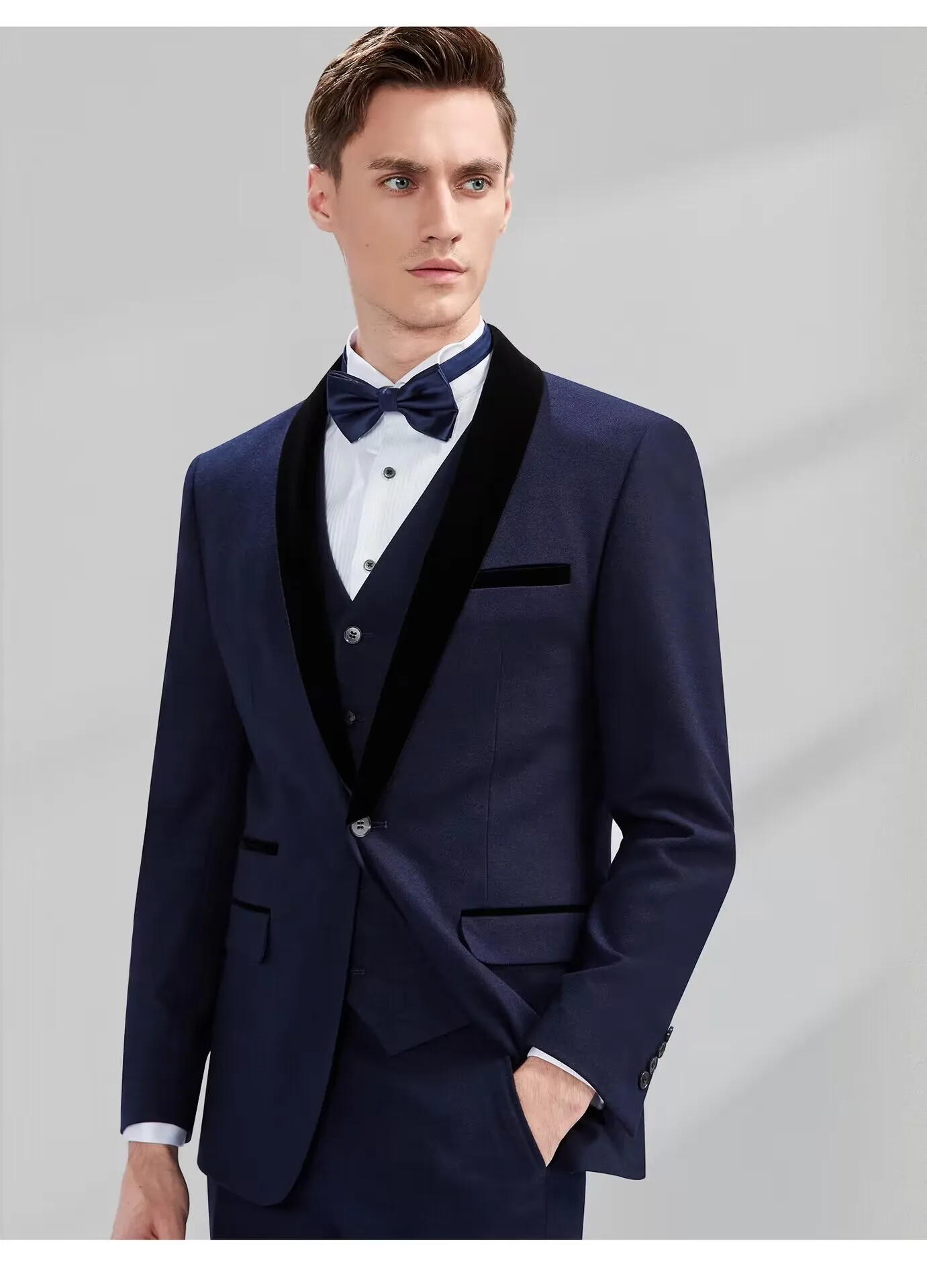 

Blue/Black Men's 3 Pieces Suits Handsome Men Suits One Button Shawl Lapel Groom Tuxedos Men Business Suit Sets Jacket Pants Vest