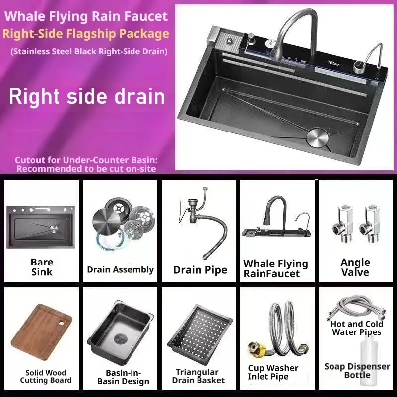 

Modern Stainless Steel Kitchen Sink with Multifunctional Smart Digital Display Waterfall Faucet Soap Dispenser Cup Washer