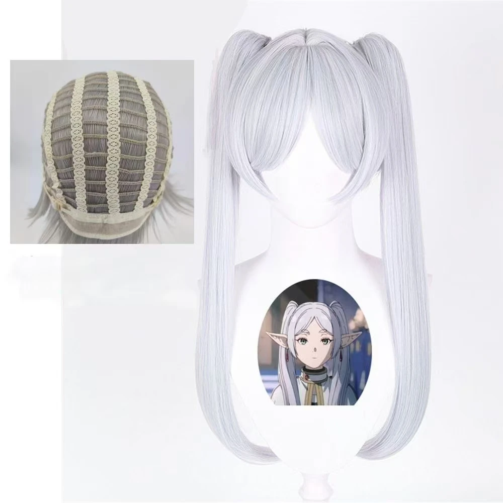 Wig cosplay Anime Frieren wig sintetis berkualitas tinggi dengan warna putih perak pendek dan kuncir ganda wig acara realitas anime dengan jaring mawar.