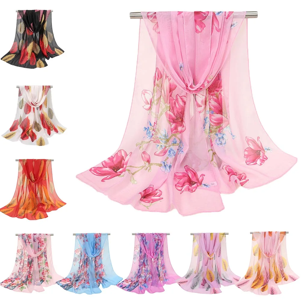 2024 New Chiffon Scarf Women Spring Summer Chiffon Scarves Thin Flower Leaf Shawls And Wrap Foulard Print Hijab Stoles Wholesale