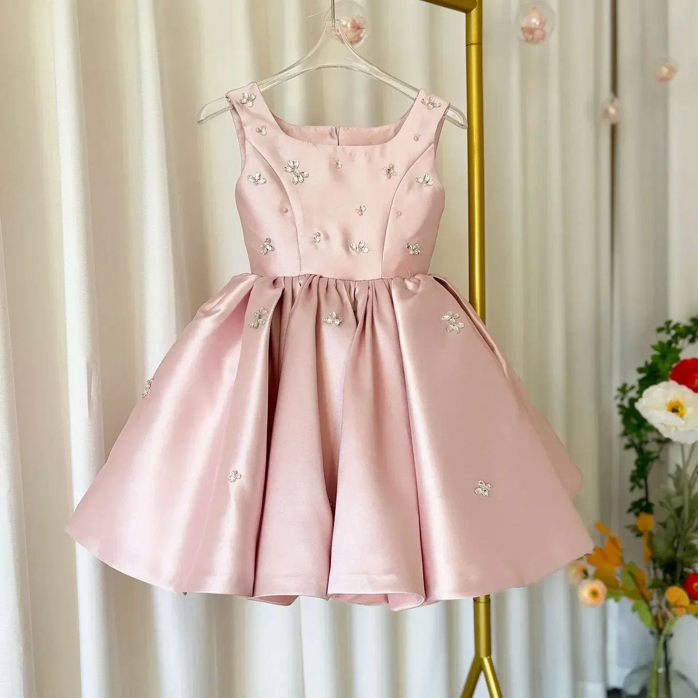 

Floral Girls Dress New Satin Gown 2025 Little Party Princess Dresses Pink Sleeveless Girl BirthdayOutfit Kids Clothes Easter