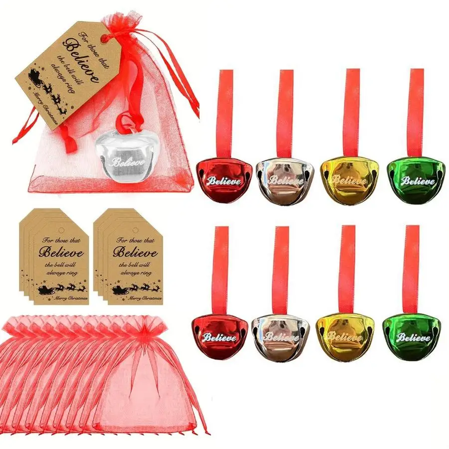 1/5/10/20/50/100pcs Golden Christmas Bell Set with Santa & Reindeer Designs, Includes 8 Bells, 8 'Believe' Gift Tags, and 8 Draw