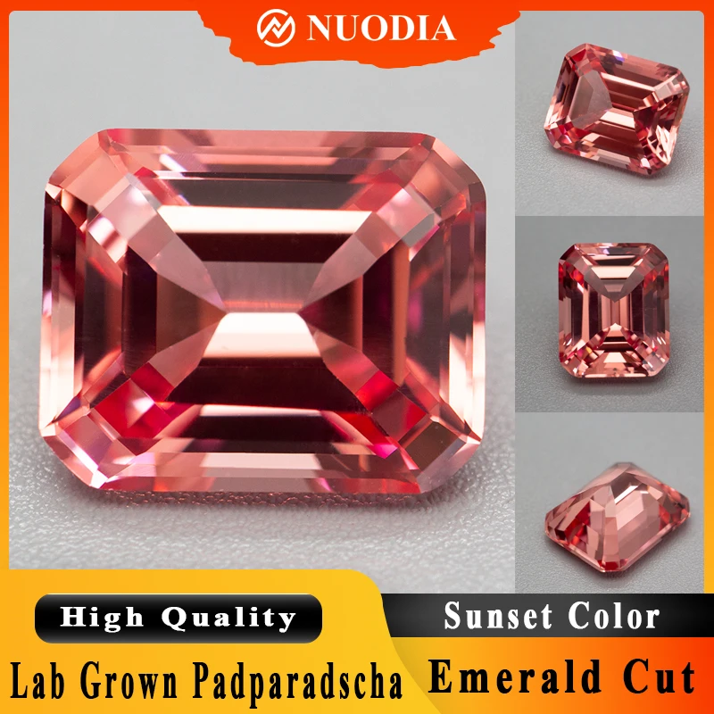 

Lab Grown Padparadscha Gemstone Emerald Cut Sunset Color Sapphire with Diamonds for Jewelry Making AGL Certificate Selectable
