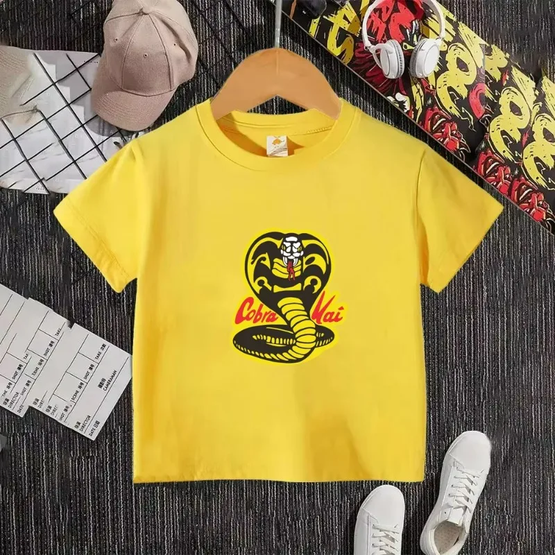 

2026 Cobra Kai Summer New T-shirt 100% Cotton Round Neck Cartoon Anime Fashion Printed Children's Street Top