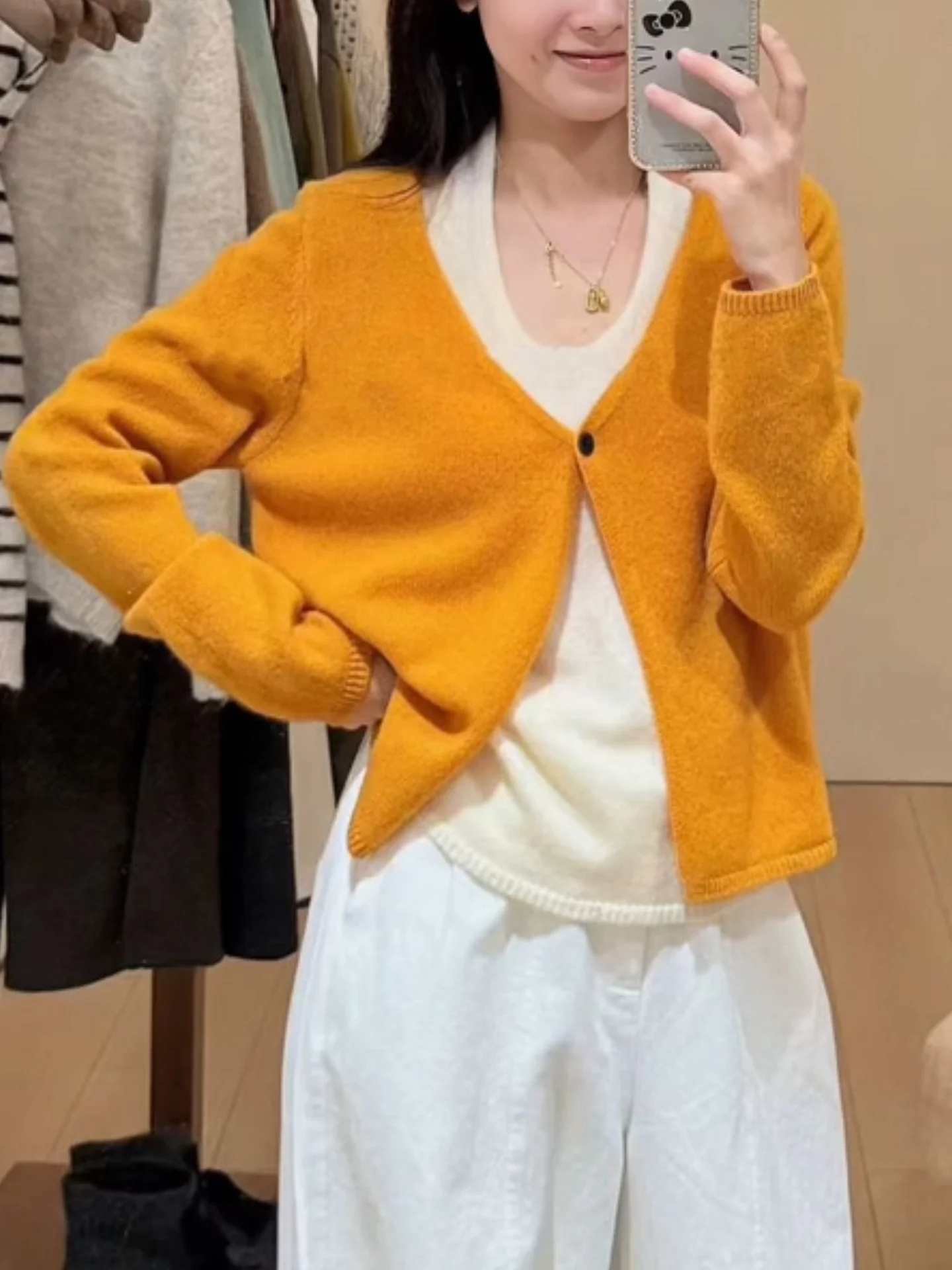 

Yellow V-ne Open Cardigan Sweater Women's Long Sve One-button Loose Fit Slimming Top Korean Sle Commute Warmth