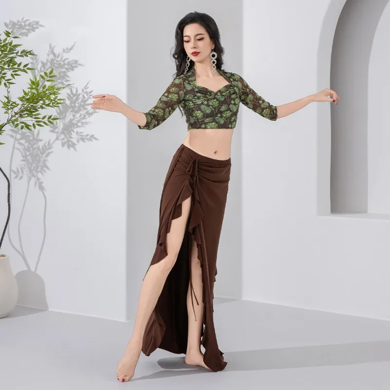 Belly Dance Skirt for Women, High Waist Ruffle Split Maxi Skirt, Drawstring Adjustable Practice Costume, Professional Outfit view 6
