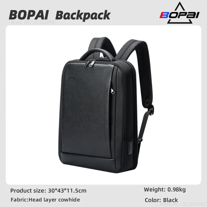 BOPAI Luxury Leather Men\'s Large Capacity 15.6 inches Laptop Backpack Anti Theft USB Charging Fashion Travel Shoulders Bag