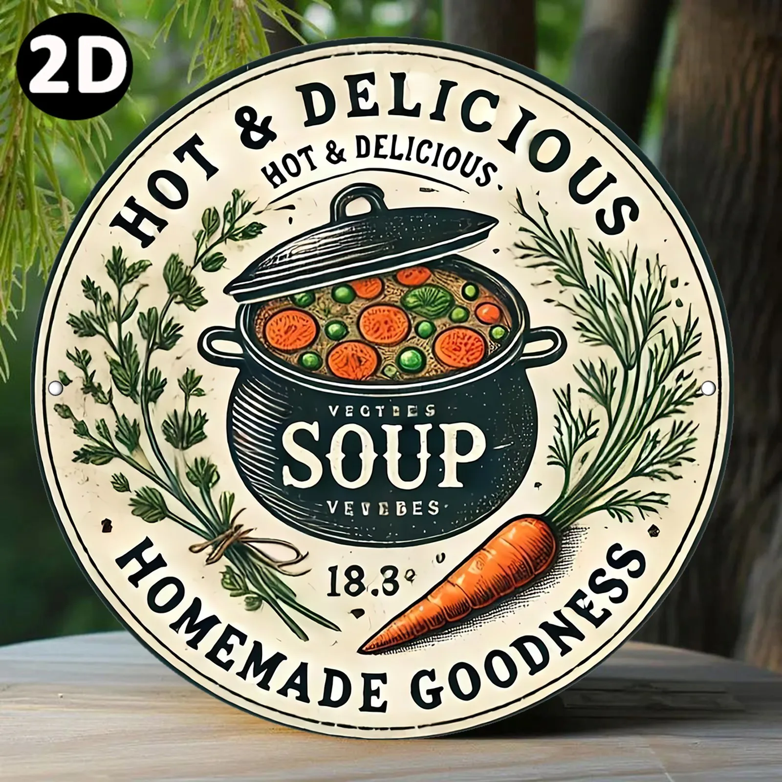 2D Flat, A 2D Flat Printed Round Metal Sign Plaque Aluminum Painting, Featuring a Vintage-style Delicious Vegetable Soup Pot wit