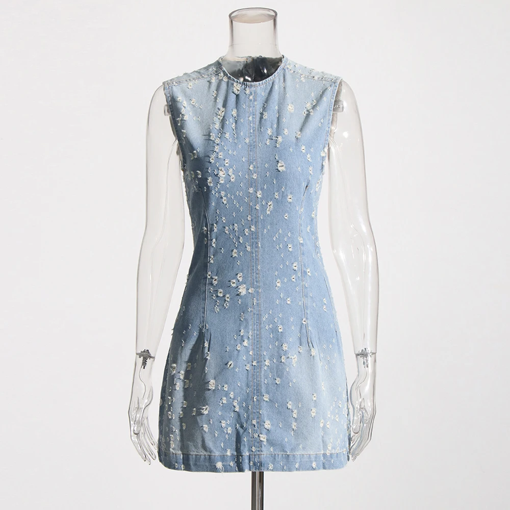 TWOTWINSTYLE Abiti in denim solido per le donne Girocollo senza maniche Tunica Tasche patchwork Scava fuori il vestito sottile Moda femminile