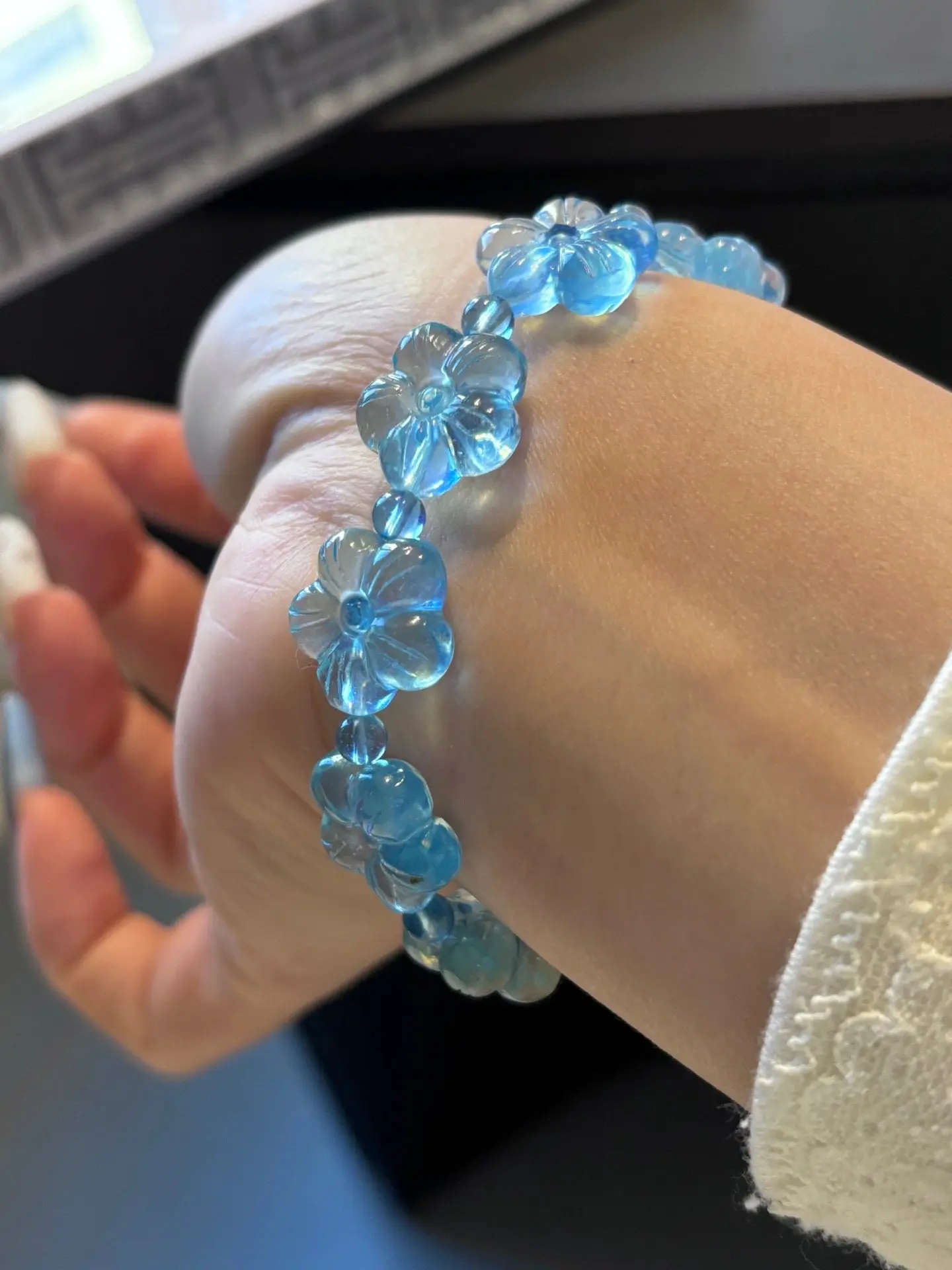 Natural Aquamarine Flower Bracelet, Clean Transparent Crystal, Double-Side Carved Floral Gemstone Jewelry Gift