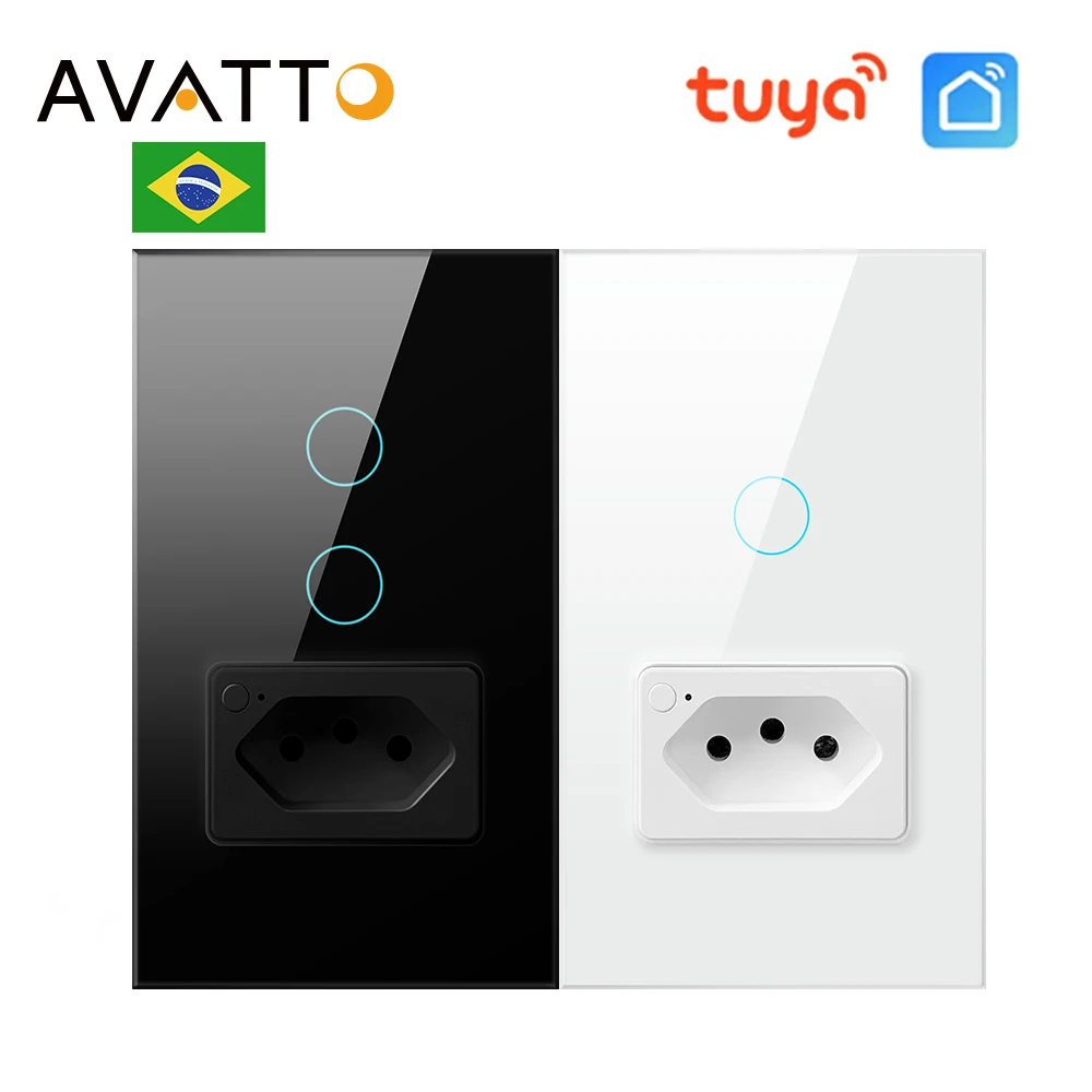 AVATTO Tuya WiFi/Zigbee Smart Light Switch with Socket,Brazil Stand 16A Touch Button Wall Switch,Work for Alexa Google Home