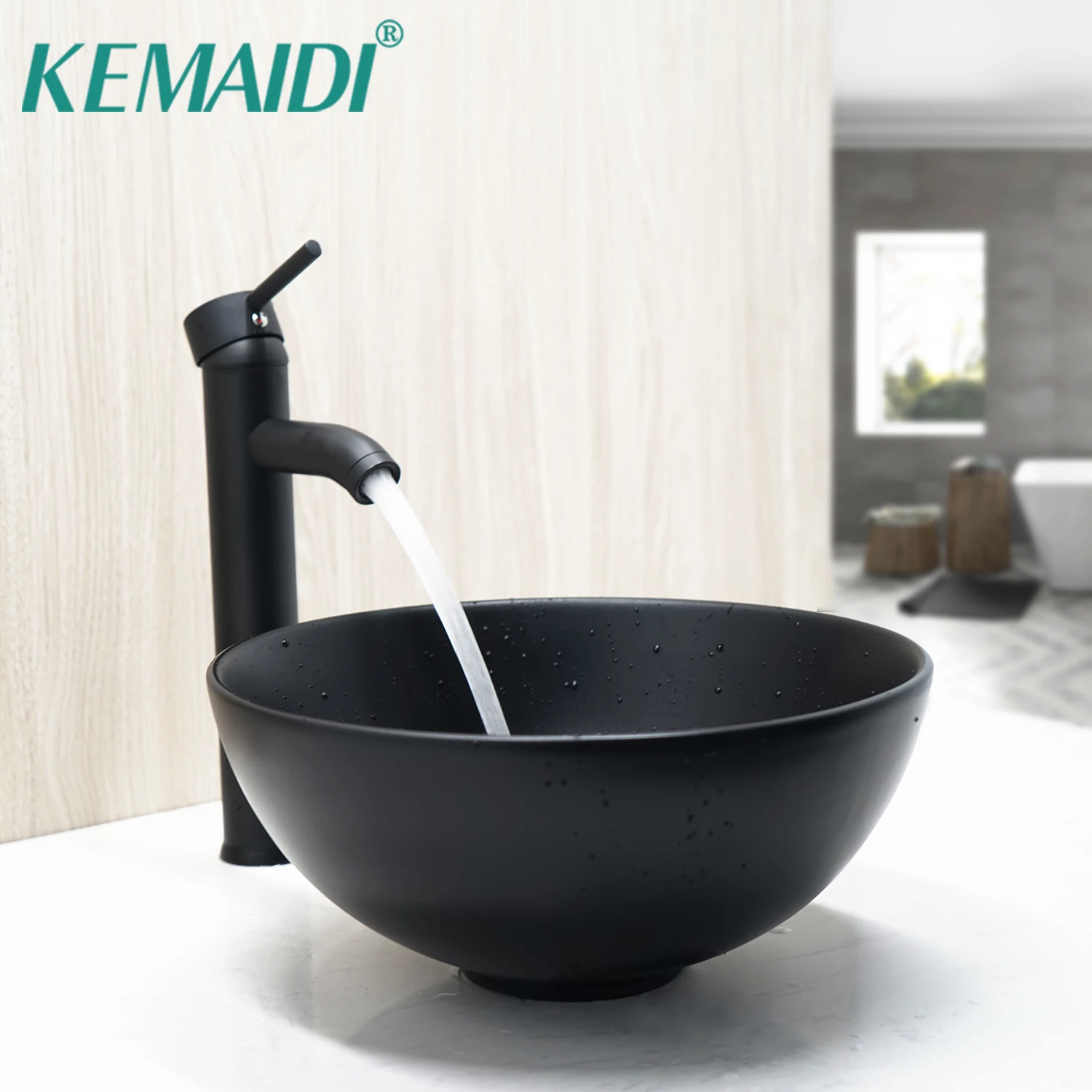 KEMAIDI Black & White Ceramic Washbasin Vessel Lavatory Basin Faucets SetBathroom Sink Bath Combine Deck Mounted Brass Mixers