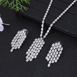 Luxury Trendy Geometry Tassel Necklace Earrings set For Women Accessory Full Cubic Zirconia Bridal Jewelry Sets Mujer Moda A0270