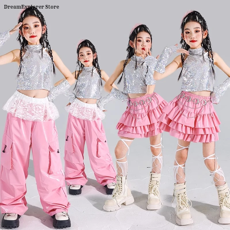 Girls Hio Hop Sweet Silver Sequin Crop Top Shiny Cargo Pants Kid K-pop Streetwear Child Jazz Girl Group Street Dance Clothes Set