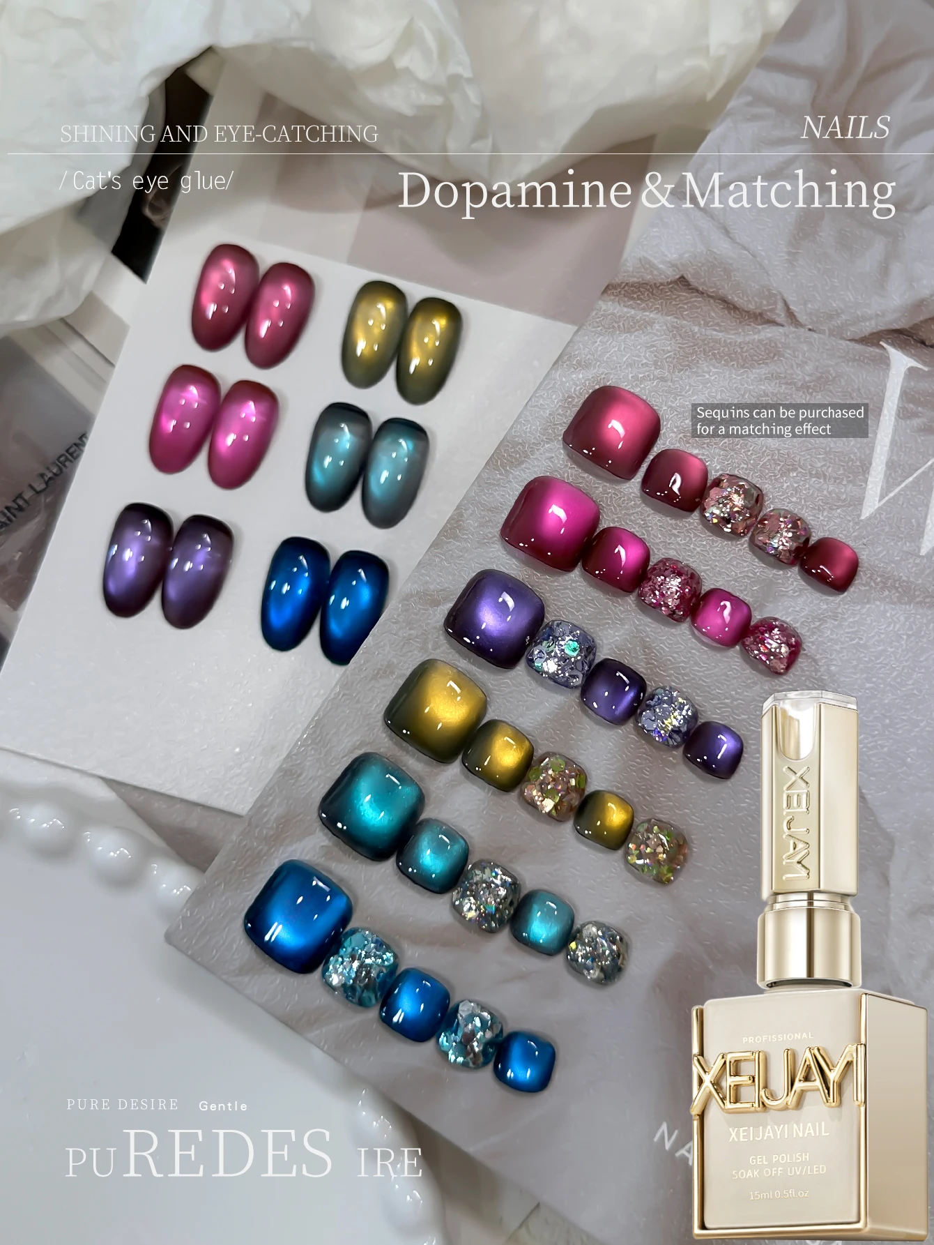 Cat Eye Nail Polish Set 6 Colors 15ml Reflective Cat's Eye Magnetic Nail Gel Soaking UV LED Gel Salon Female Nail Art Tools