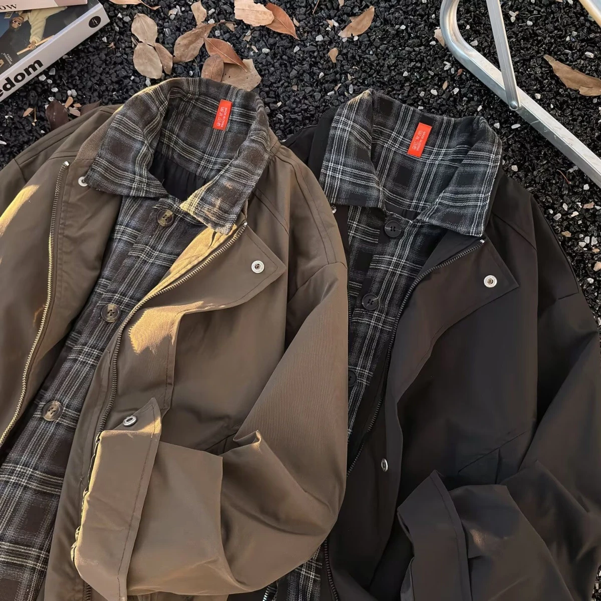 

Retro Plaid Patchwork Baseball Sle Men's Jaet Flight Coat Brown Outerwear Stand Fit Long Sve Winter Casual Coat