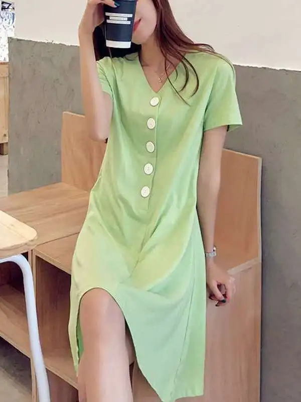 

Summer Women's Slimming Loose Lazy Sle Dr Thailand New A-Line Skirt V-Ne ort Sve Commute Sle Basic Model