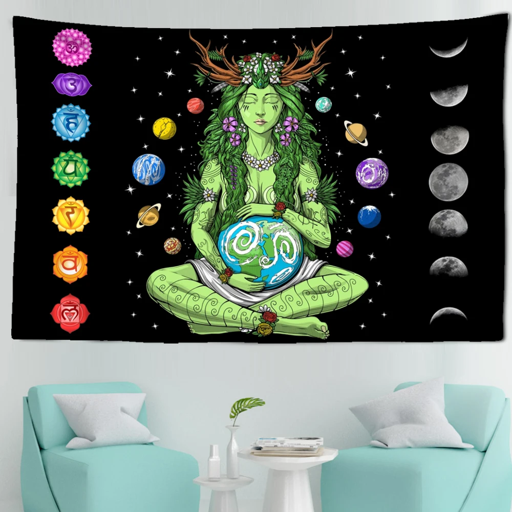 Seven Chakra Meditation Girl Tapestry Wall Hanging Psychedelic Art Mystic Kawaii Room Decor Mandala Yoga Picnic Mat Sheet