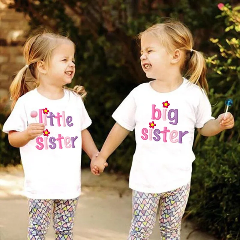 Big & Little Sister Matching T-shirt Round Neck Girl\'s White T-shirt Baby Girl Bodysuit Sister Matching Outfit Big Sis Lil Sis