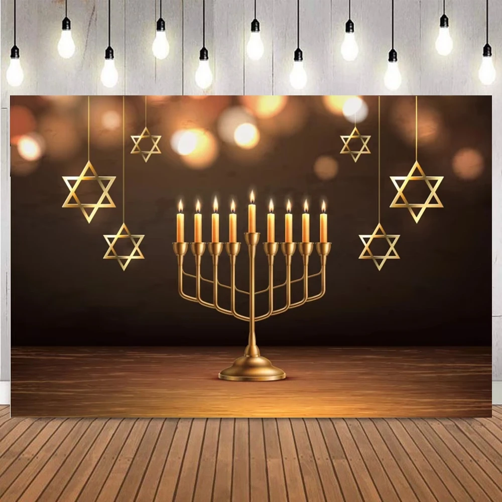 Judaism Hanukkah Chanukah Photography Background Menorah Glitter Bokeh Lights Bread Jewish Holy Festival Party Photo Backdrop