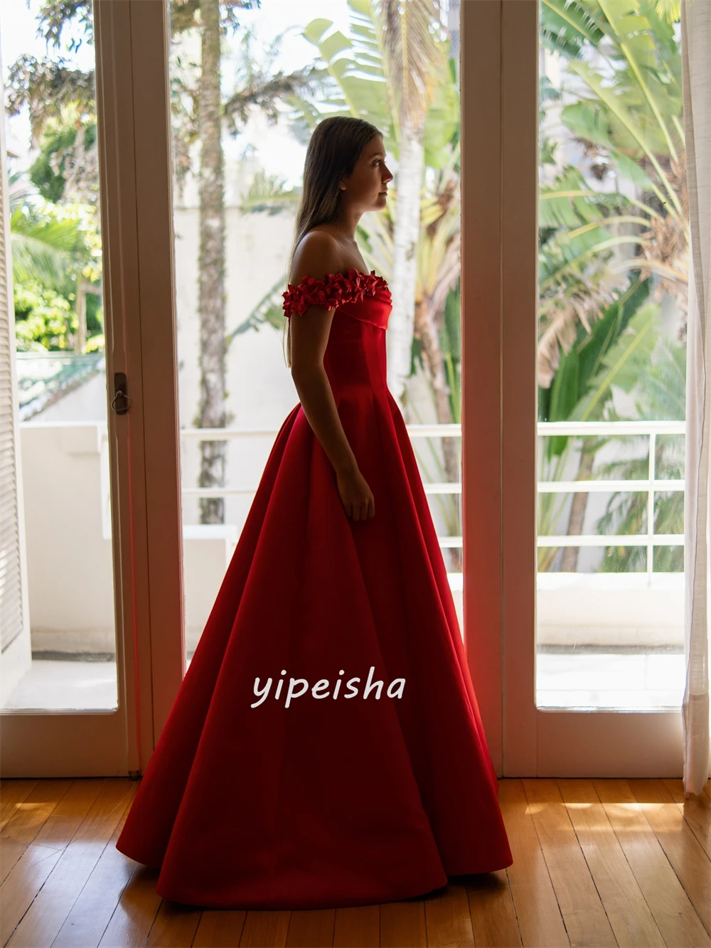 Customized Fashion Classic Jersey Handmade Flower Pleat A-line Off-the-shoulder Long Dresses Bespoke Occasion Dresses Formal