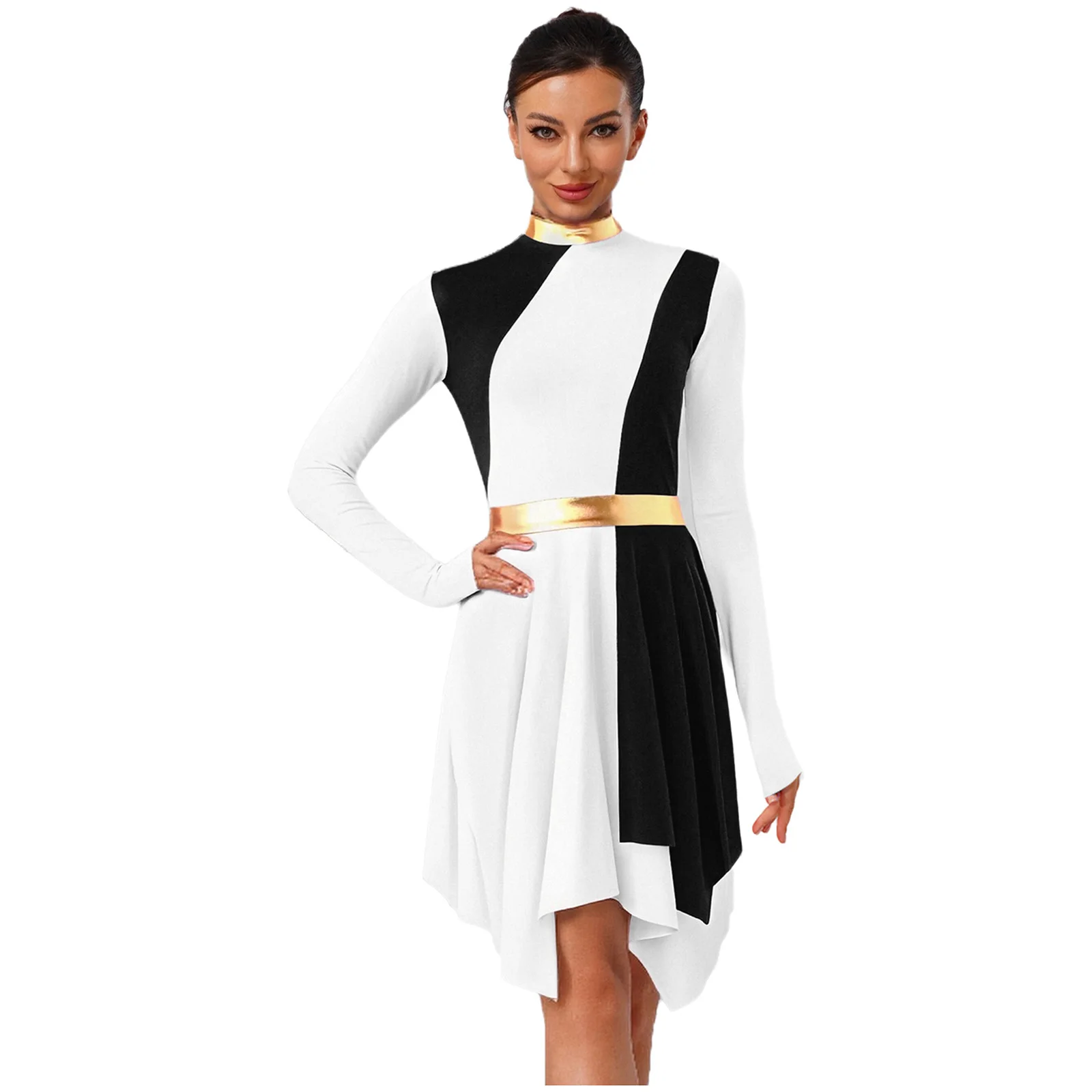 Vestido de baile lírico de alabanza para mujeres y adultos, traje de baile de salón de baile de vals, vestido con dobladillo asimétrico de manga larga