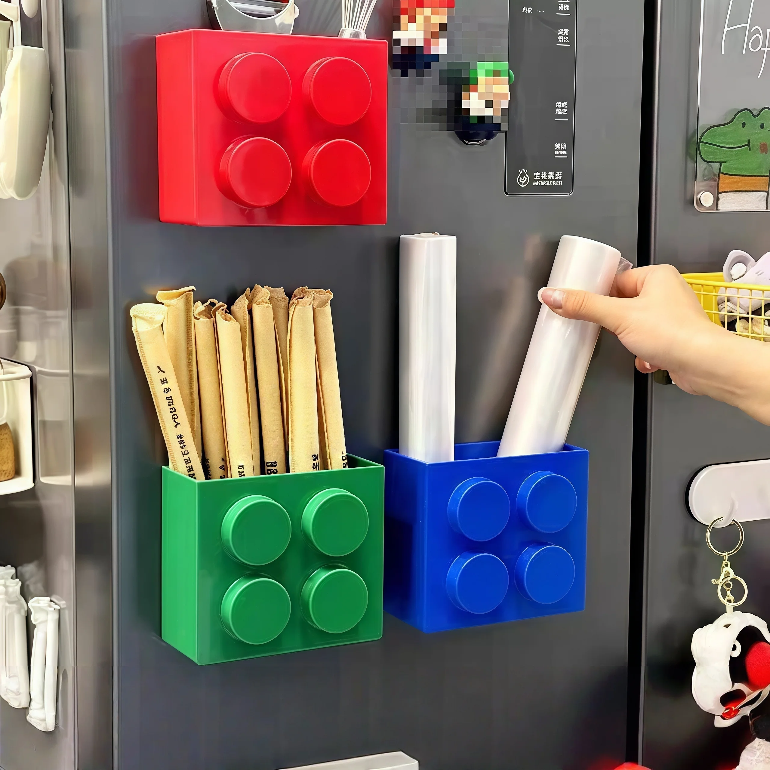 

Magnetic Building Blocks Storage Box Fridge Organizer for Wraps Straws Whiteboard Accessories