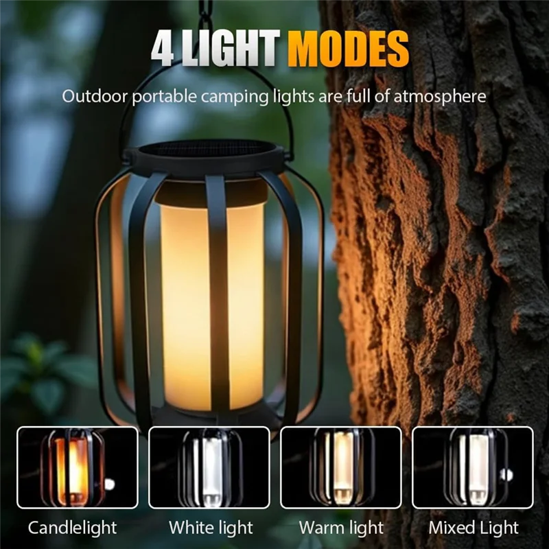 MOPHE-USB-C Solar Charging 2PCS Solar Flameless Lantern Light 4 Modes Adjustment Flickering Auto On/Off With Base