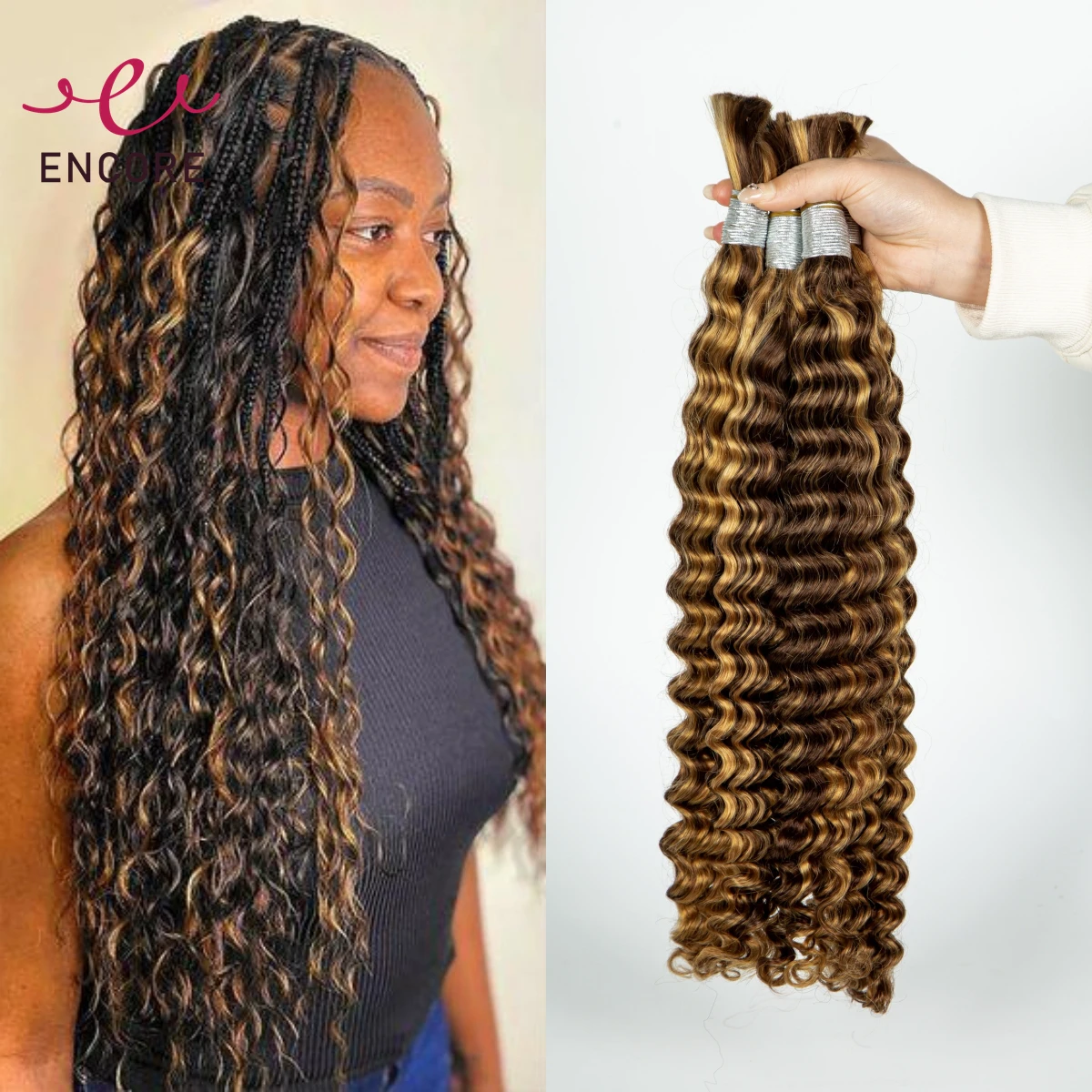 Highlight Ombre 28Inch 100% Human Hair Bulk Brazilian Remy Hair Bundle for Boho Braids Deep Wave Curly Bundle Braided Extensions