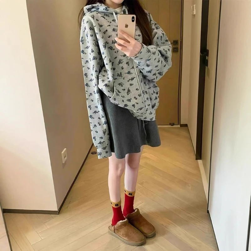

Fall/winter Velvet American Retro Loose Cotton Full Printed Small Floral Hooded Sweater