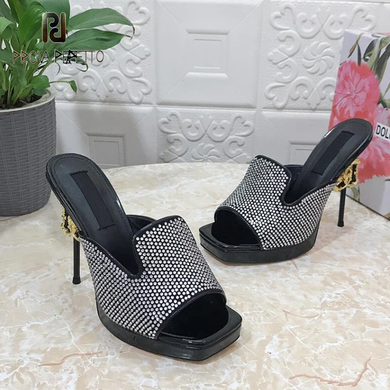 Metal Buckle Decor Thin Heel Sexy Slipper Shoes High Heel Platform Full Diamond Slip on Party Nightclub T-show Sapatos Mujer