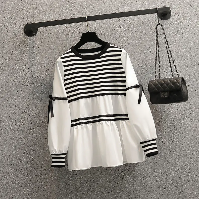 

Spring Summer Women Striped Patchwork Shirt 2024 New Female Puff Sleeve Long Sleeve T-shirt Student Casual Blouse Plus-size Tops