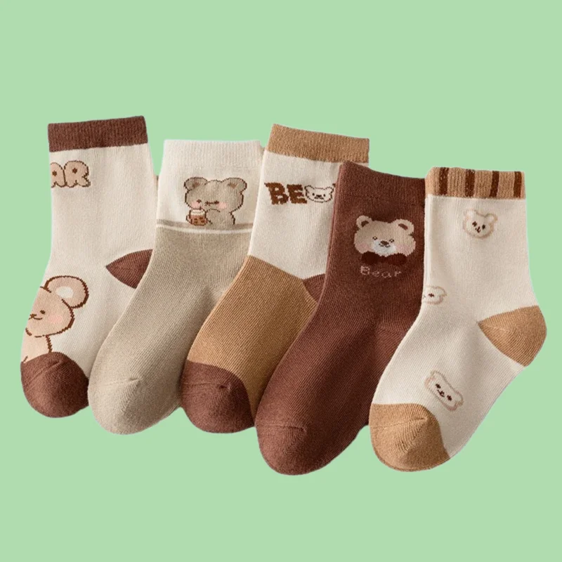 5 Pairs Cute Cartoon Baby Socks Children's Socks Milk Tea Bear Socks Spring and Summer All-match Boys and Girls Cotton Socks