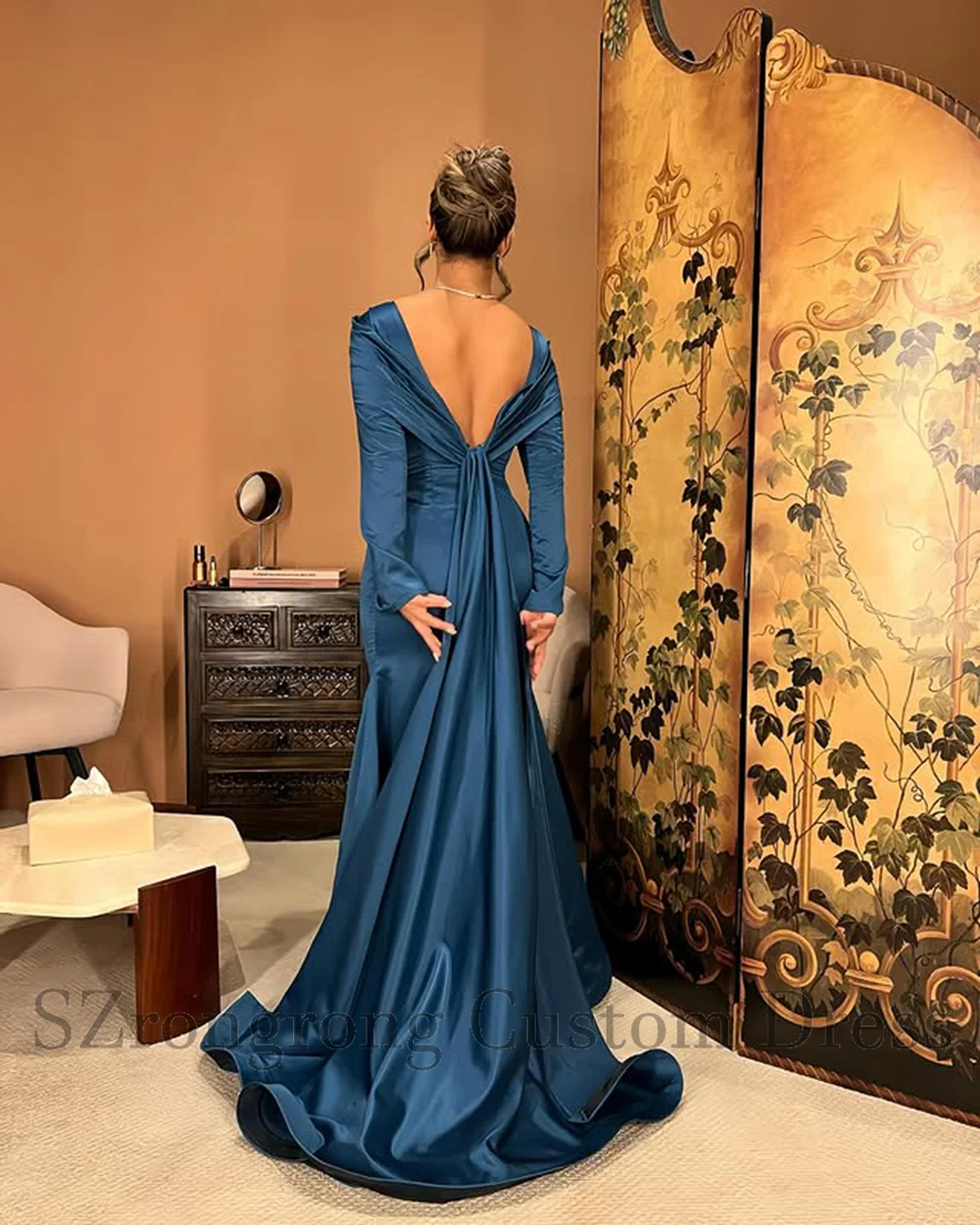 Vestido de noche Formal plisado con cuello redondo clásico hecho a medida, vestido de novia de graduación con espalda abierta y corte