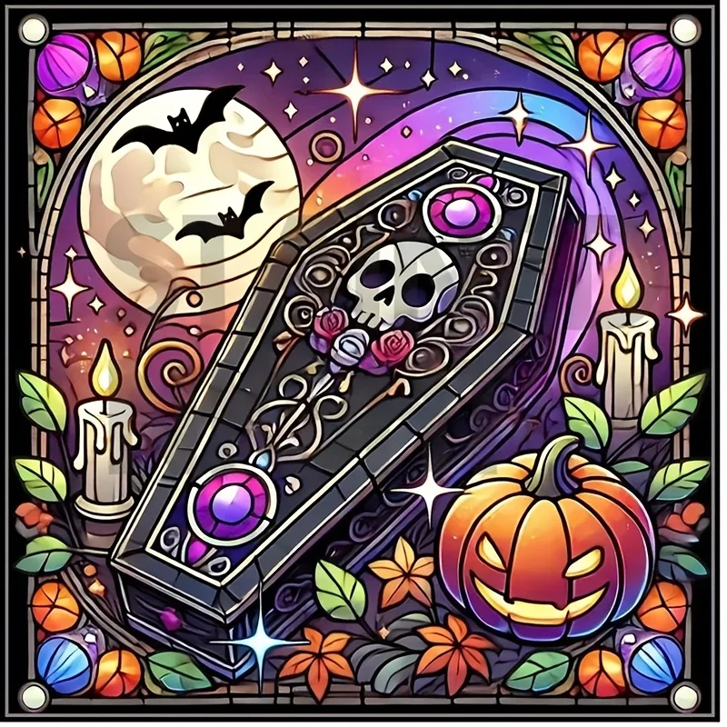 Diamond Painting, Mosaic Handicraft, Perfect for Holiday or Gift, Gothic Halloween Coffin Skull Stained Glass Home Wall Decor