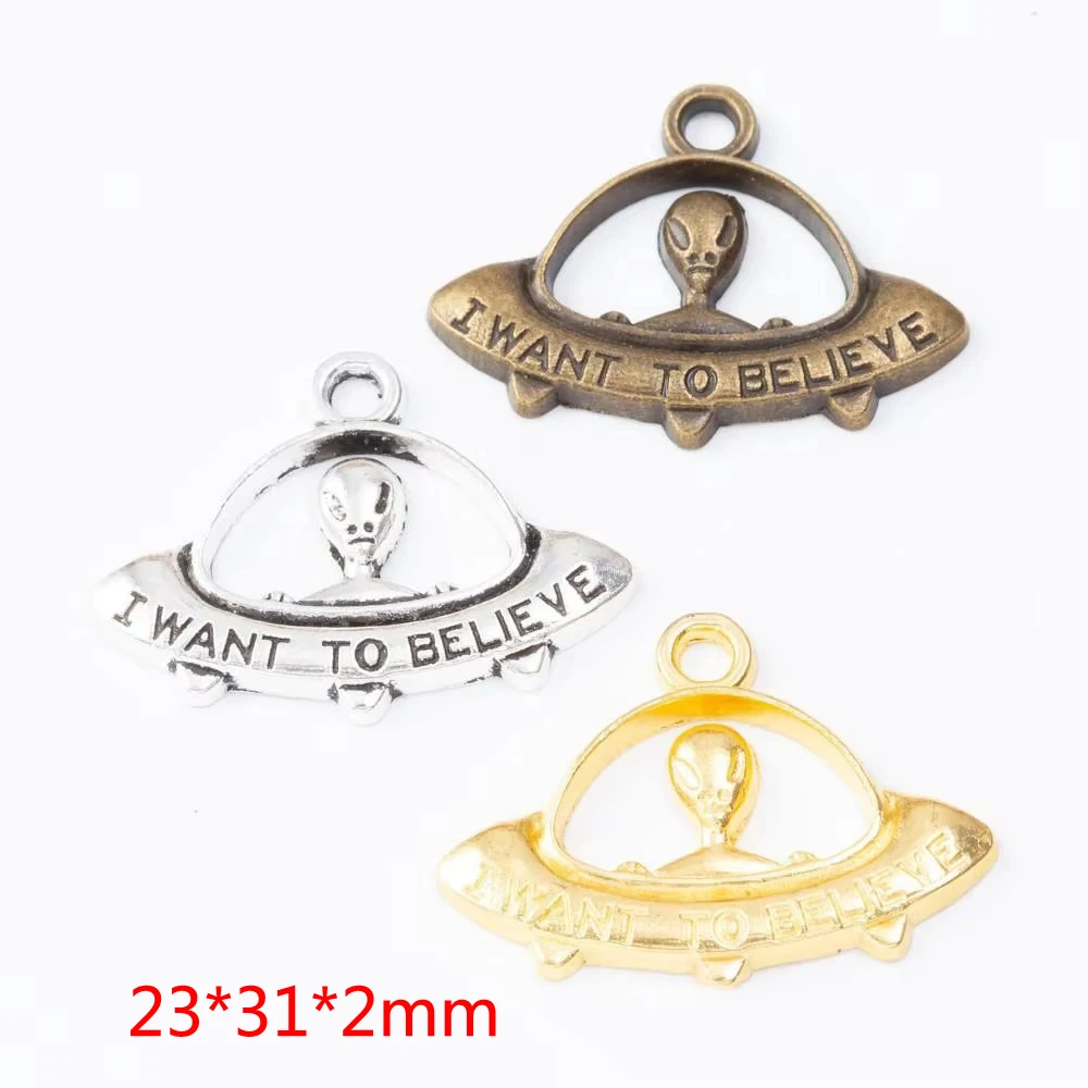 50pcs 23*31MM Fashionable Boutique Girl Retro Silver Decoration I Want To Believe Pendant. Simple And Smooth Line Pattern Jewelr