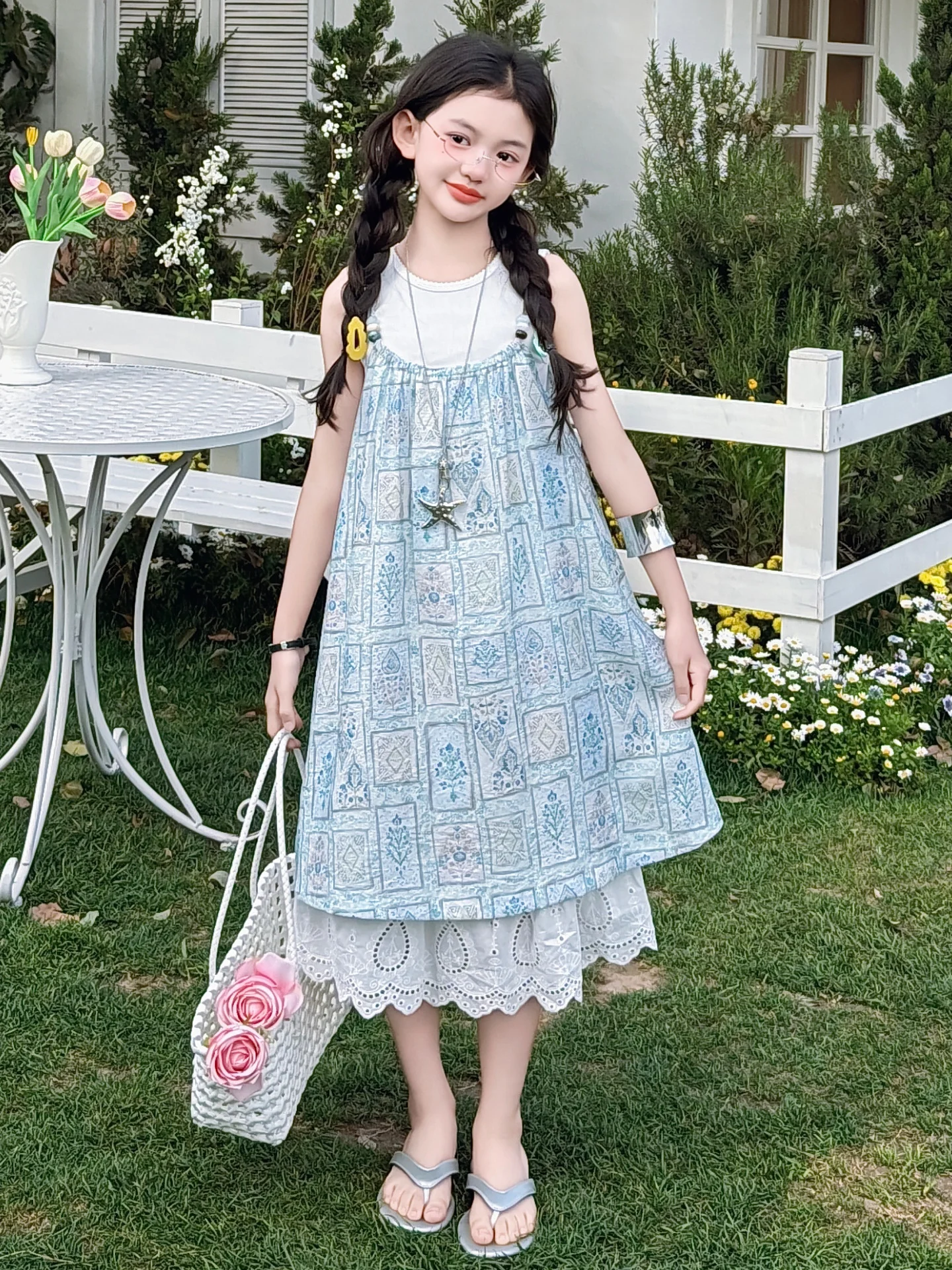 Conjunto de Saia para Meninas, Moda Coreana 2026, Vestido com Alças, Conjunto de Duas Peças, Casual, Sem Mangas