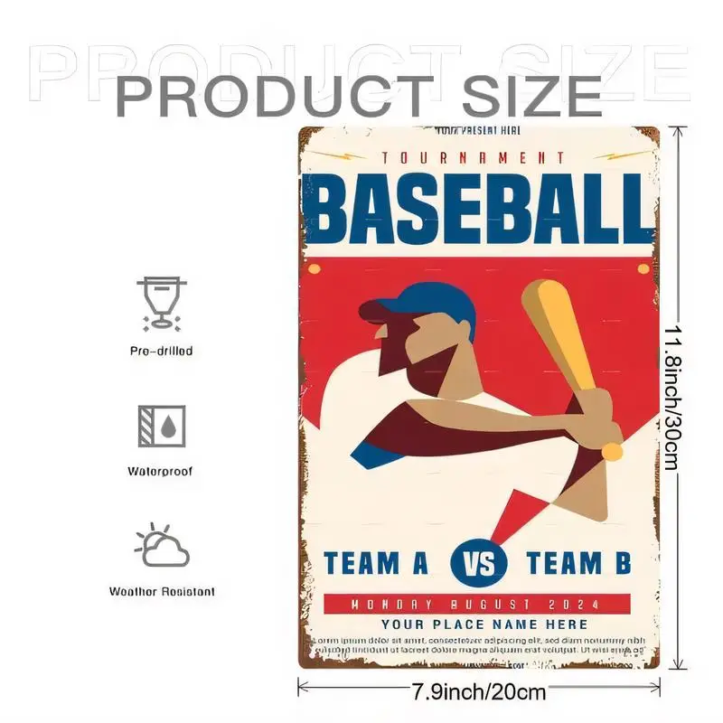 Pre - Drilled Waterproof Weather - Resistant Vintage Baseball Tournament Metal Tin Sign, 11.8x7.9 Retro Batter Design, Team A vs