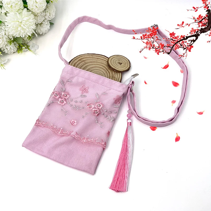 Vintage Chinese Stijl Kleine Tas Bloem Borduurwerk Hanfu Tas Oude Messenger Vrouwelijke Crossbody Tas Mobiele Telefoon Portemonnee